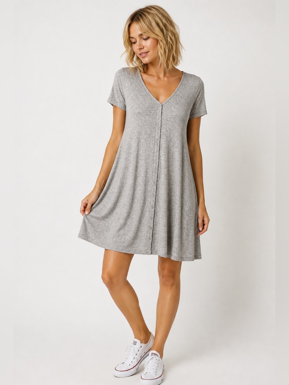 ASOS Gray V-Neck Button Front Swing Dress Short Sleeve Jersey US 8 NWT
